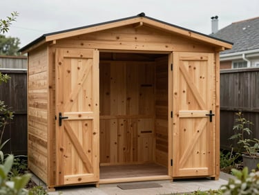 Medium pine tool shed 2.5 by 3 metres in a residential garden, overcast flat daylight, double doors open showing interior storage space, ordinary house wall visible in background