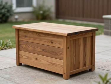 Small pine outdoor storage box with flat lid on a garden patio, overcast daylight, timber grain visible, no people, residential background