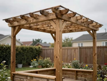 Documentary photo of a freestanding wooden pergola with adjustable horizontal slats in a real residential garden, overcast daylight, timber posts and lamellas sharp in frame, no people