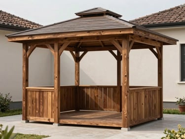 Wooden garden gazebo with open sides in a residential backyard, flat overcast light revealing timber frame joints, full structure visible against ordinary house wall