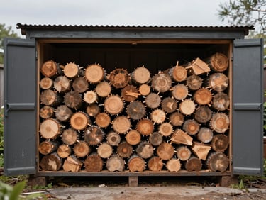 Pine firewood storage unit with open front stacked with cut logs, standing against a garden wall, flat overcast daylight, no people