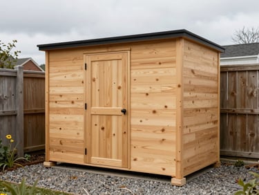 Finished pine tool shed standing against a garden fence, overcast daylight, wide shot showing full structure and gravel ground, honest proportions