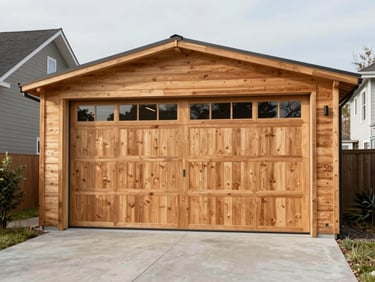 Prefabricated wooden single-car garage with large door, standing on concrete pad next to a residential driveway, overcast daylight, no people