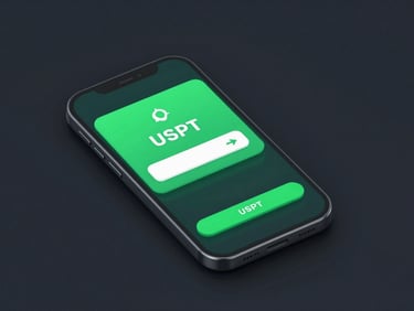 Sleek 3D render of a mobile payment screen displaying a successful USDT transaction confirmation, electric green accents, on a dark background, isometric perspective.