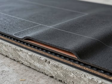Technical cross-section diagram of multi-layer rubber flooring installation, showing concrete base, SBR shock-absorbing layer, and EPDM color wear layer, clean architectural line drawing style.