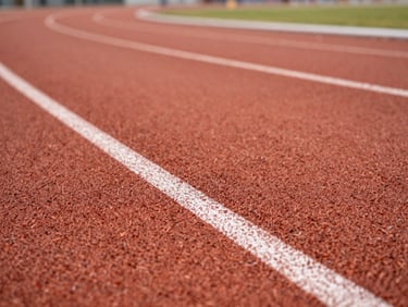 Low-angle macro texture detail of terracotta-colored running track rubber surface, white painted line, soft overcast daylight, architectural feel.