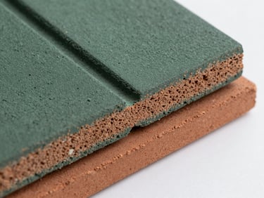 Macro close-up of textured forest green and terracotta clay rubber tiles, showing the rich grain and technical cross-section of the shock-absorbing layers, natural overcast lighting.