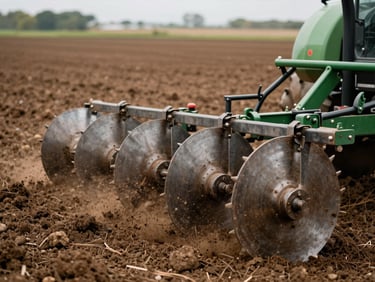 Close-up of heavy steel plow discs cutting through rich brown agricultural soil, dust particles, natural overcast daylight, 35mm