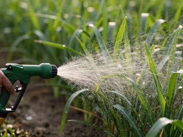 Close-up of agricultural sprayer nozzle misting water over green crop leaves, precise droplets, soft morning light, 35mm