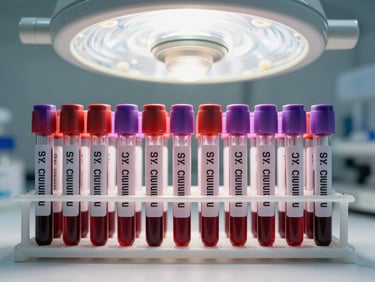 Rows of labeled blood collection tubes arranged in a rack under bright clinical overhead light in a laboratory, deep red and purple tube caps, crisp white background