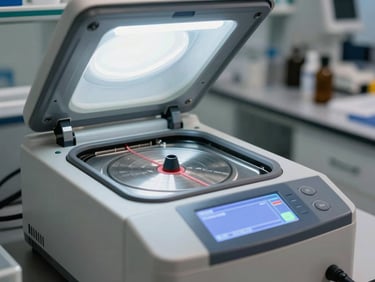 Close-up of a PCR thermal cycler machine running cycles in a clinical lab, bright fluorescent overhead light, instrument display glowing, clean organized bench behind it