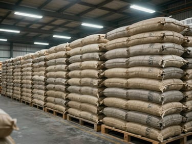 Wide environmental shot of a dry goods warehouse aisle, bulk ingredient sacks stacked on industrial racking under flat warehouse lighting, cool white overhead fluorescents, no people, logistical clarity