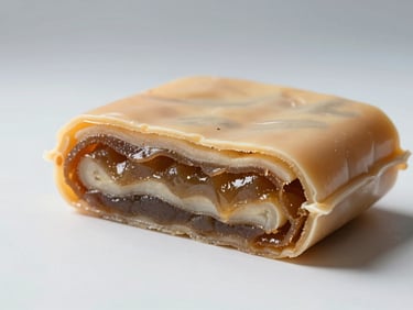 Cross-section of a packaged food product cut cleanly on a white surface under studio lighting, layers of filling and casing visible in precise detail, overhead technical framing, cool light