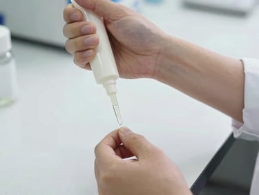 Close-up of a food technician's hands pipetting a liquid sample over a white lab bench under bright even north-facing daylight, precise grip visible, clinical and clean