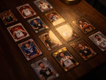 Overhead flat-lay of a premium tabletop setup, custom trading cards arranged neatly on a dark wood surface, low-key warm amber lighting