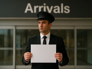 A professional chauffeur in a dark suit holding a subtle name board at İzmir Adnan Menderes Airport arrivals terminal, clean background.