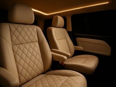 Interior detail of a luxury Mercedes-Benz Vito, showing immaculate cream-colored leather stitching on seats, ambient warm LED lighting, and generous legroom