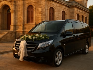 Exterior of a decorated black Mercedes Vito bridal car parked in front of a historic İzmir stone mansion, golden hour lighting, elegant floral details.