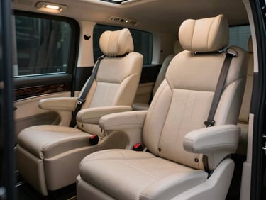 Interior close-up of a luxury Mercedes Vito, soft ambient lighting highlighting the premium beige leather seating and ample legroom, pristine condition.