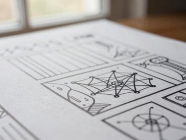 Macro shot of physical textured paper with hand-drawn web layouts in black ink, warm natural window light, shallow depth of field