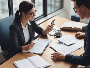 A professional consultant discussing strategies with a client in an office.