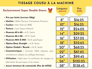 Liste de prix des mèches tissées vietnam cheveux fonisseur