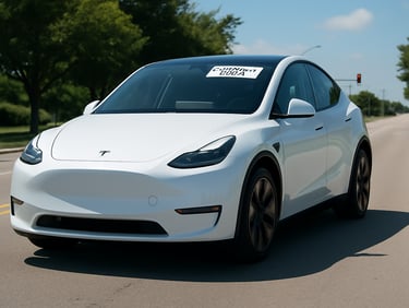Tesla Model Y branco dirigindo sozinho por uma rua urbana arborizada em um dia ensolarado, simboliza