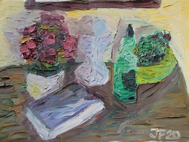 a still life painting of plants, a book, a sculpture and a bottle
