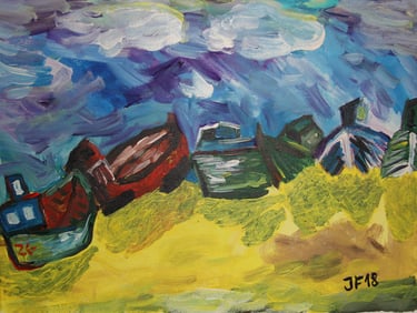a painting of boats on a beach