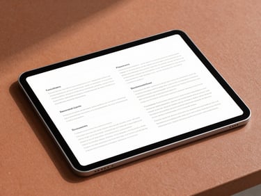 Clean digital mockup of a financial guide document on a tablet screen, resting on a terracotta surface, warm natural lighting