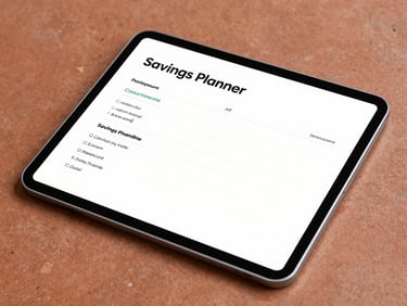 Clean digital mockup of a savings planner on a tablet screen, resting on a terracotta surface, warm natural lighting