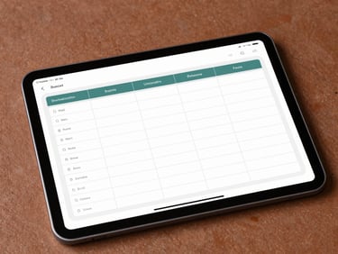 Clean digital mockup of a budgeting spreadsheet on a tablet screen, resting on a terracotta surface, warm natural lighting