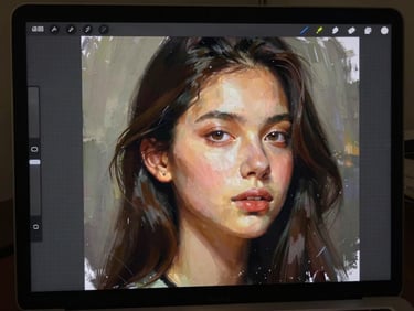 Close crop of a digital painting on screen, a richly textured portrait rendered with layered digital brushwork, controlled studio monitor light, deep shadows and precise highlight placement revealing the paint simulation at full fidelity