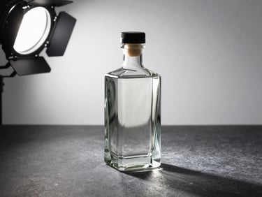 Dimensionally lit 3D product render of a geometric glass bottle on a matte charcoal surface, studio key light from upper left casting a precise shadow, clean white background behind