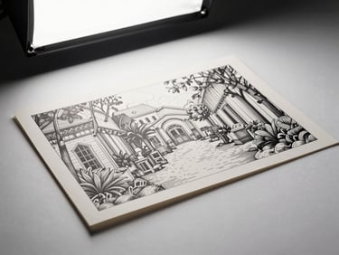 Flat lay of a finished editorial digital illustration printed on matte stock, clean white background, studio strobe overhead, sharp shadows defining the paper edge, intricate linework visible at full clarity