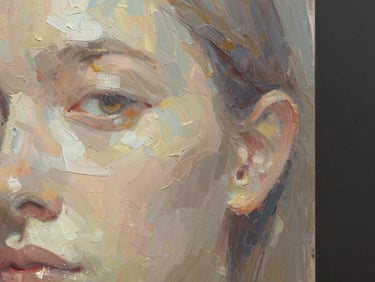 Close crop of a digital painting surface — dense layered pigment visible in the brushwork, bright controlled daylight from left edge revealing tonal depth, dark neutral background