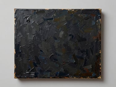 Traditional oil painting photographed under studio strobes, raking light revealing impasto texture on canvas, saturated darks and precise highlight edges, clean neutral backdrop