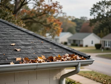 Exterior view of a home's roofline gutter in autumn, leaves cleared away, natural daylight, East Texas neighborhood visible in soft background, documentary framing from ground level