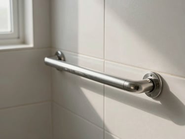 Stainless steel grab bar installed on a tiled bathroom wall beside a shower, natural window light, close environmental framing showing the bar in context of the full wall