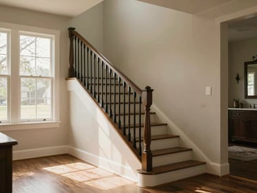 Interior of a well-lit East Texas home entryway, a newly installed handrail on a short staircase, warm natural light from a side window, no people, wide environmental shot