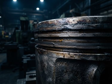 Extreme macro shot of a massive marine engine piston, sharp technical focus, industrial workshop lighting, deep navy and steel tones, 35mm