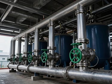 Modern industrial cogeneration plant interior, polished steel pipes, green valves, clean engineering aesthetic, overcast outdoor light