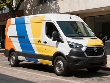 Full vehicle wrap on a commercial van parked in an urban San Antonio setting, bold graphic panels covering the entire surface, photographed at three-quarter angle in open shade to reveal color accuracy