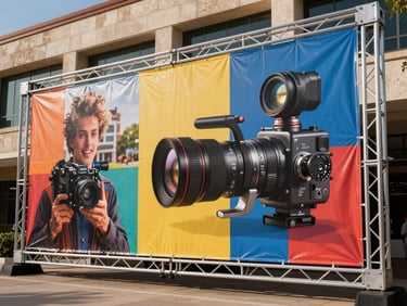 Large-format vinyl banners stretched on a commercial event structure outdoors in San Antonio, vibrant graphics sharp in afternoon light, building facade visible in background