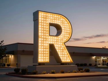 LED monument sign glowing at dusk on a commercial property, warm amber and white light output calibrated against fading sky, wide environmental framing showing building setback