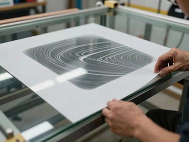 Close-up of precision-cut vinyl graphics being applied to a glass surface in a commercial interior, installer's hands visible, studio strobe revealing material texture and alignment detail