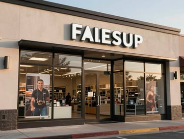 Wide shot of a complete storefront sign system on a retail building — cabinet sign, window graphics, and entrance signage in place, photographed at golden hour showing environmental integration with architecture