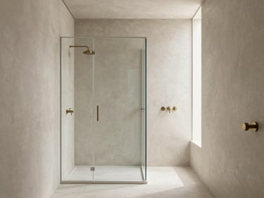 Minimalist bathroom in Barcelona, microcement walls, walk-in shower, natural light, clean white fixtures, brushed brass details.
