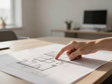 Architectural blueprint on a desk, a hand pointing to a detail, soft light, minimalist office setting, focus on precision, high-end editorial style.