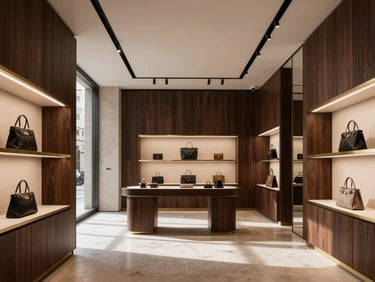 High-end product showroom interior in Barcelona, sophisticated lighting, dark wood panels, brass accents, displaying luxury items, soft morning light.